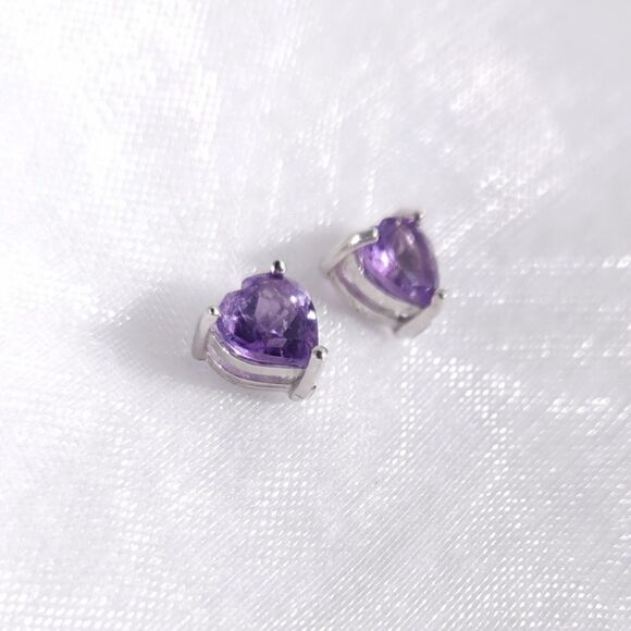 Amethyst Hearts 6mm Earrings in Sterling Silver - Picture 2 of 4